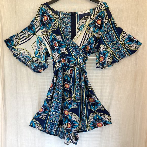 Boho Geometric Print Romper Flare Sleeve Short Jumpsuit Blue Red Turquoise Sz M - Picture 9 of 9